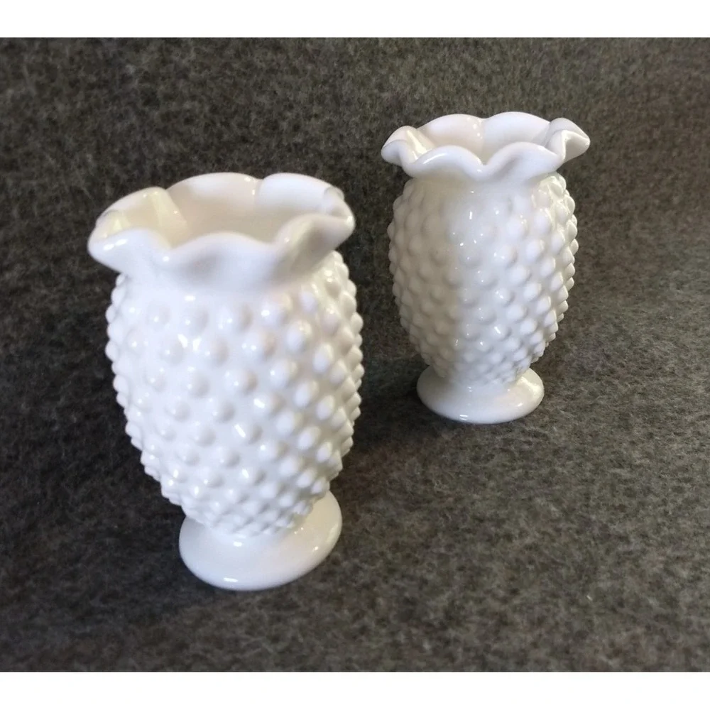 Vintage Fenton White Milk Glass Hobnail Mini Vases Set of 2 Ruffled Crimped Edge